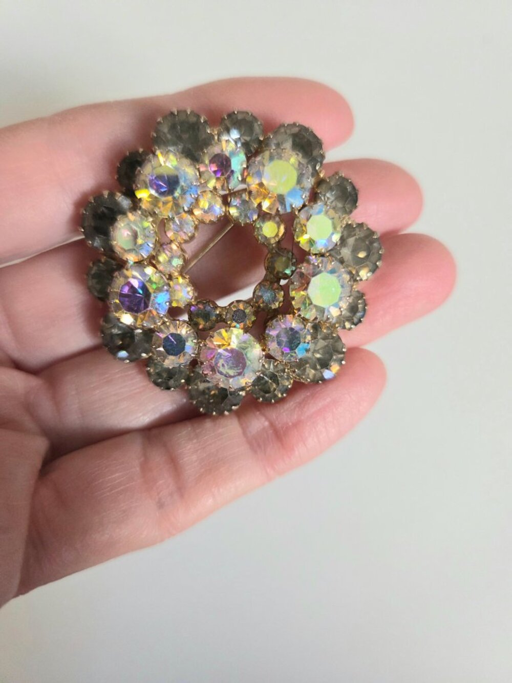 Vintage Continental 3D Aurora Borealis and Grey Crystals Multicolored Brooch